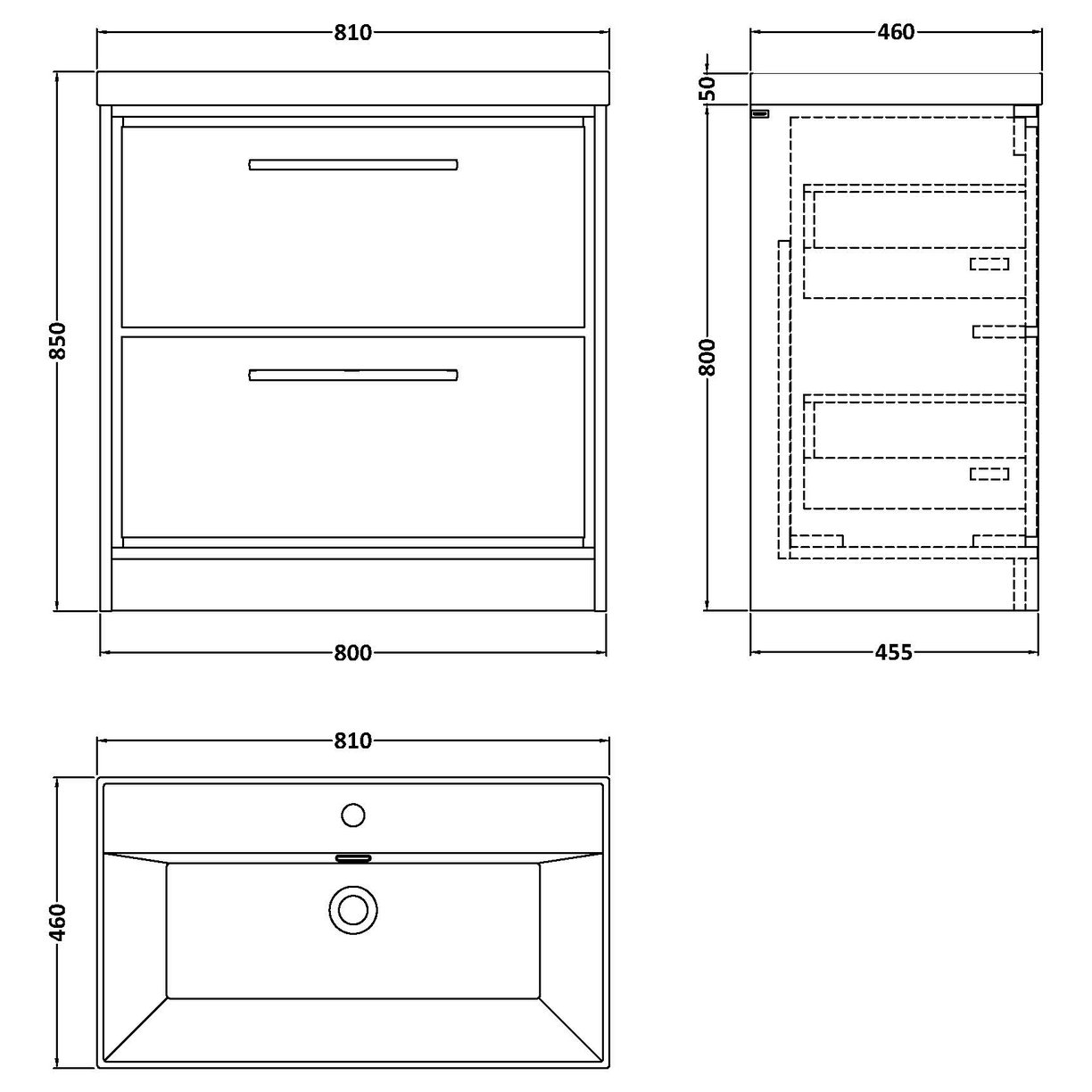 800 FS 2-Drawer Unit Thin Edge Basin 1TH - Coastal Grey