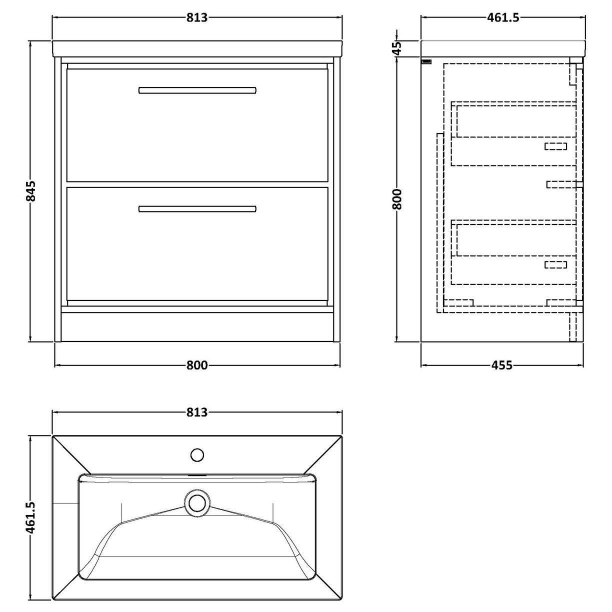 800 FS 2-Drawer Unit Contemp Basin 1TH - Coastal Grey