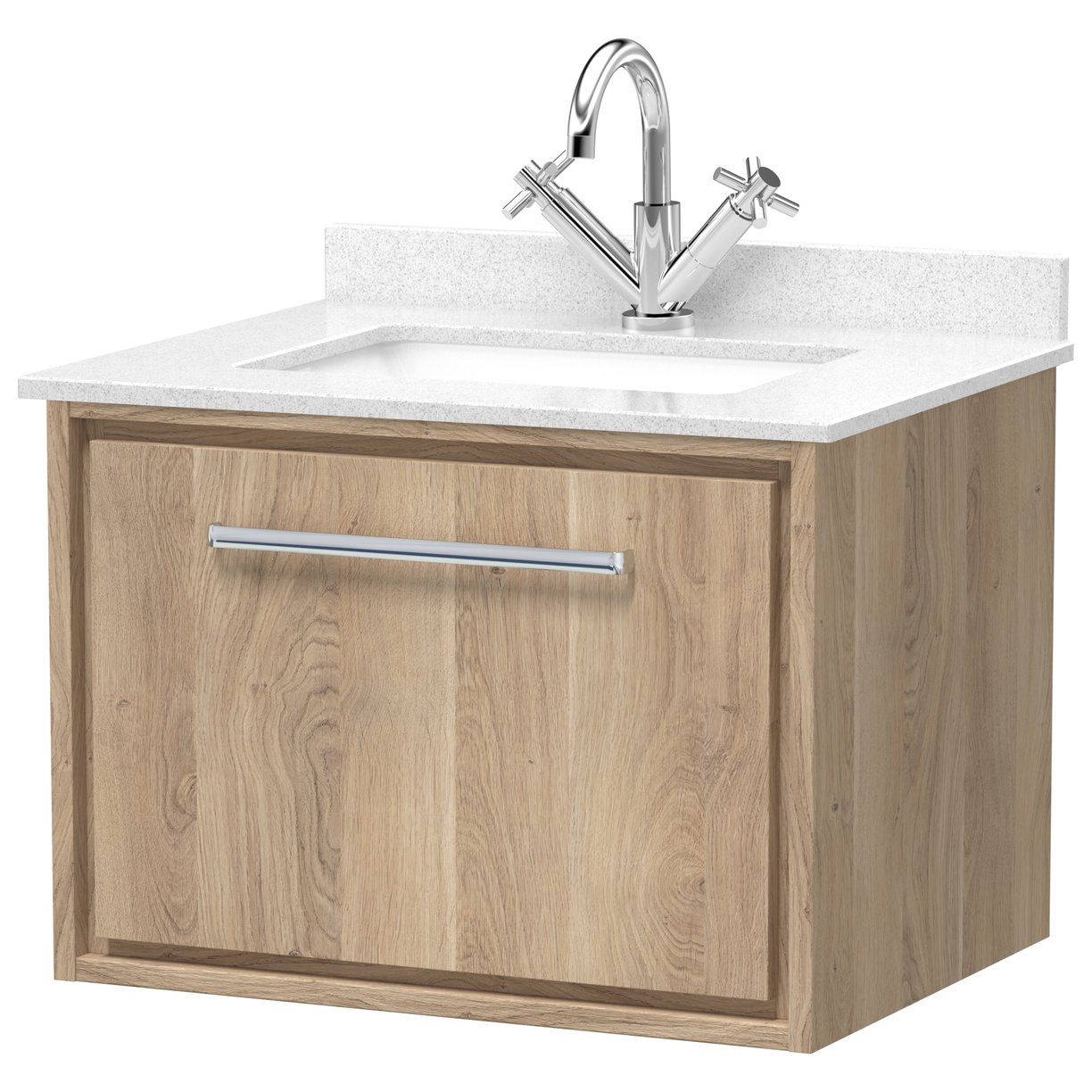 600 WH Single Drawer Unit & Marble Worktop w Basin - Bleached Oak