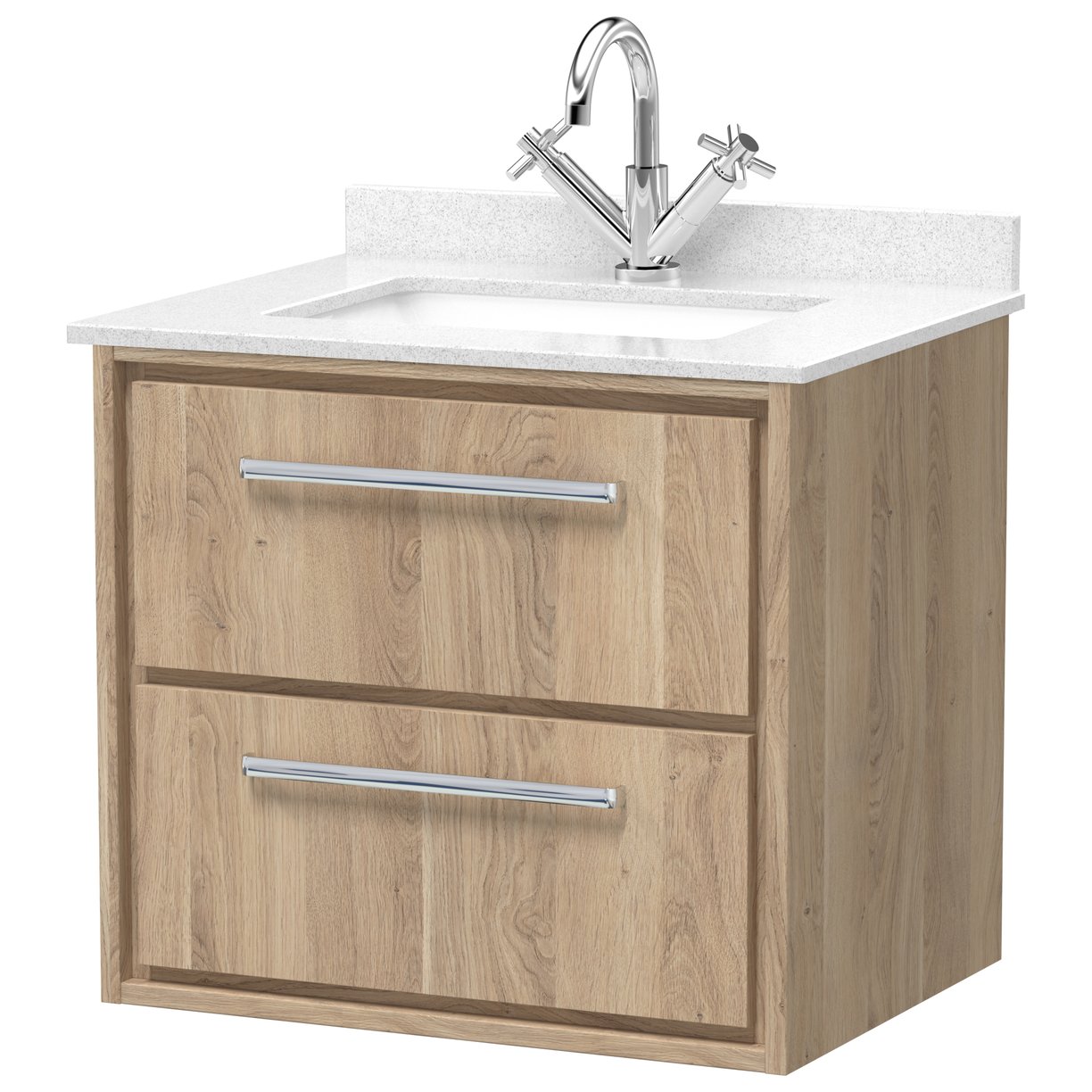600 WH 2-Drawer Unit & Marble Worktop w Basin - Bleached Oak
