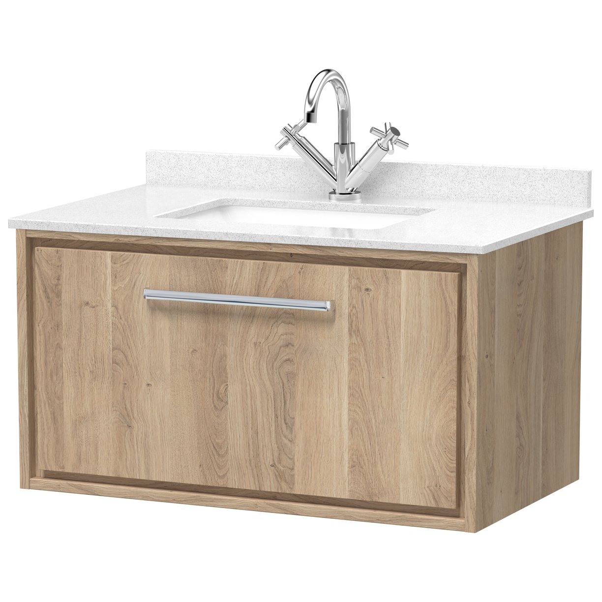 800 WH Single Drawer Unit & Marble Worktop w Basin - Bleached Oak