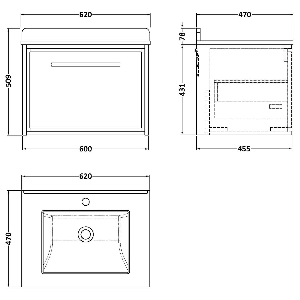 600 WH 1-Drawer Unit & Marble Basin 1TH - Pebble Grey