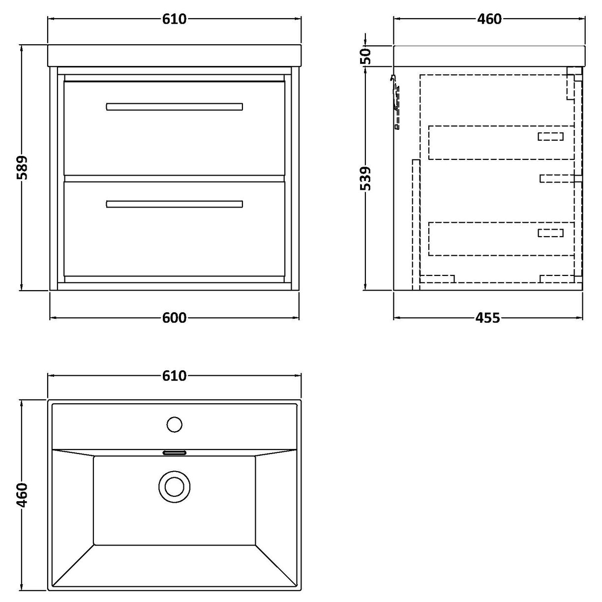 600 WH 2-Drawer Unit Thin Edge Basin 1TH - Pebble Grey