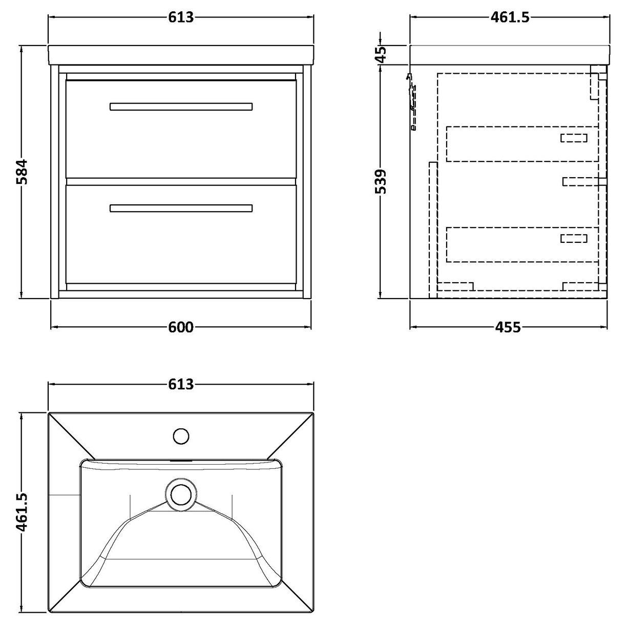 600 WH 2-Drawer Unit Contemp Basin 1TH - Pebble Grey