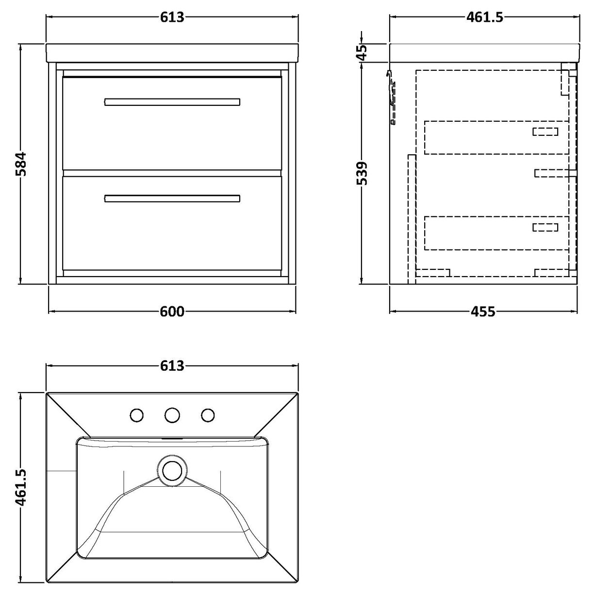 600 WH 2-Drawer Unit Contemp Basin 3TH - Pebble Grey