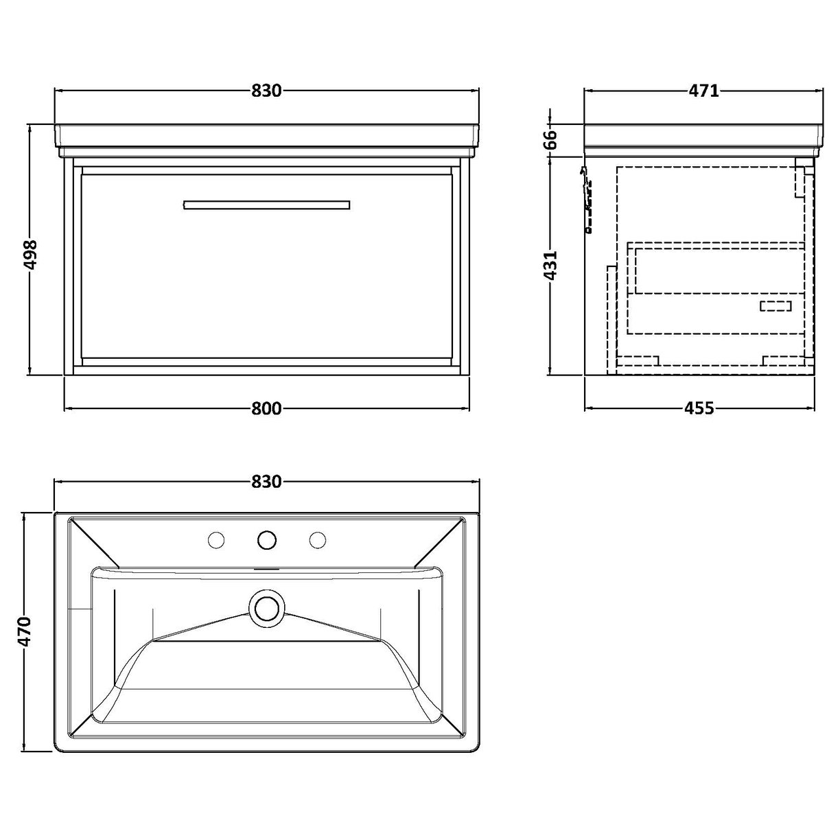 800 WH 1-Drawer Unit Classique Basin 1TH - Pebble Grey