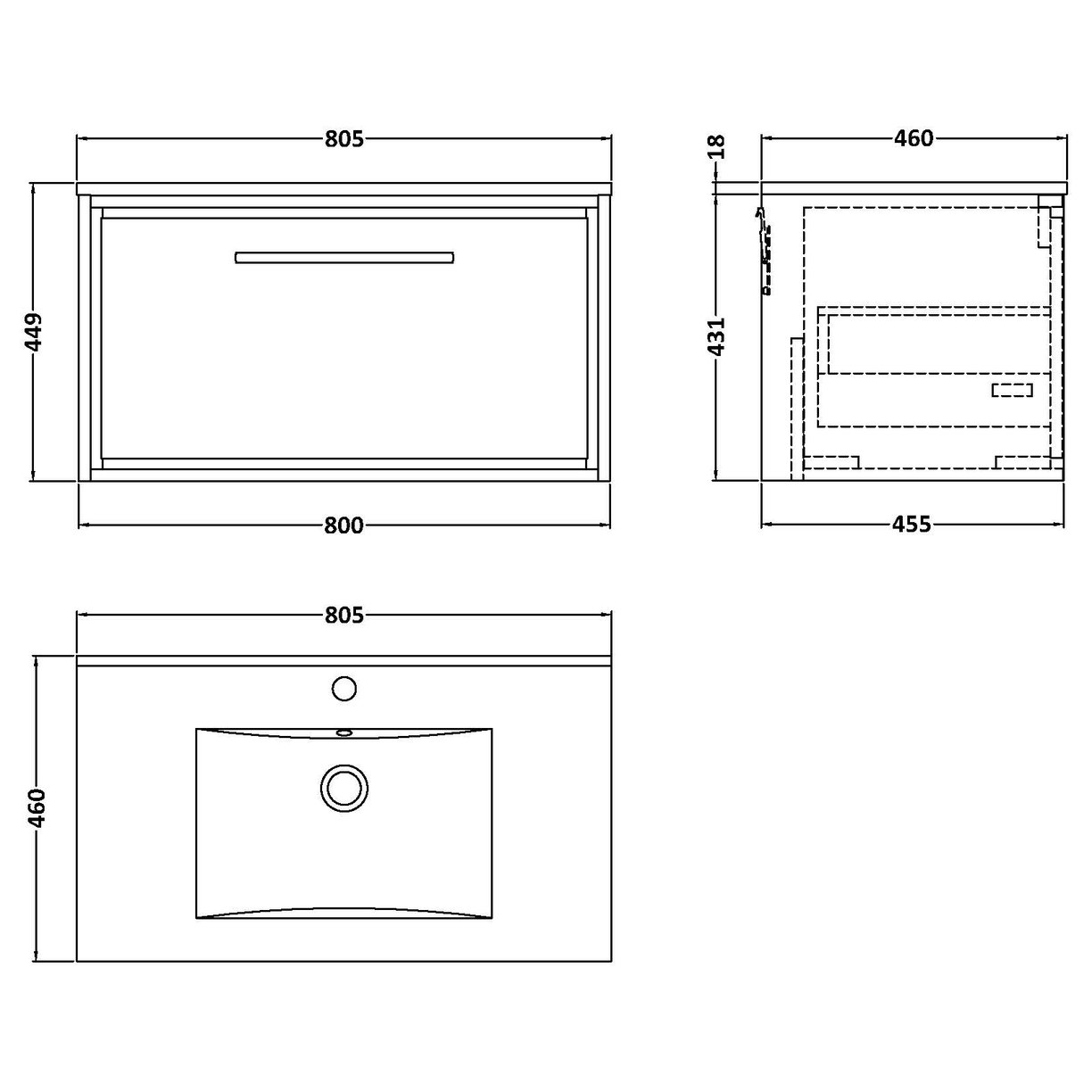 800 WH 1-Drwr Unit Minimalist Basin 1TH - Pebble Grey