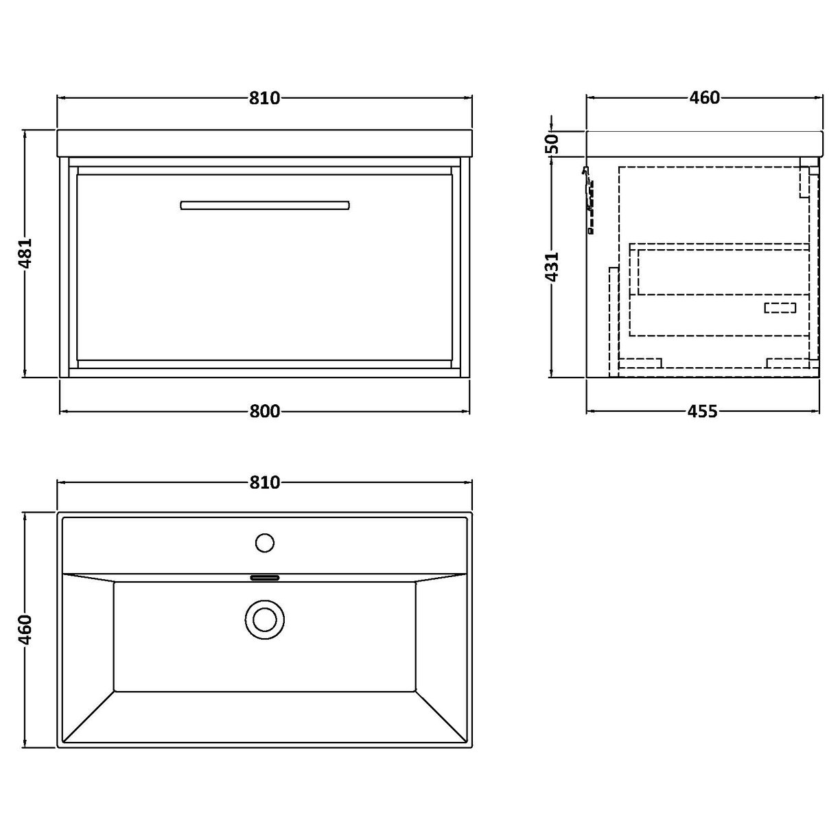 800 WH 1-Drawer Unit Thin Edge Basin 1TH - Pebble Grey