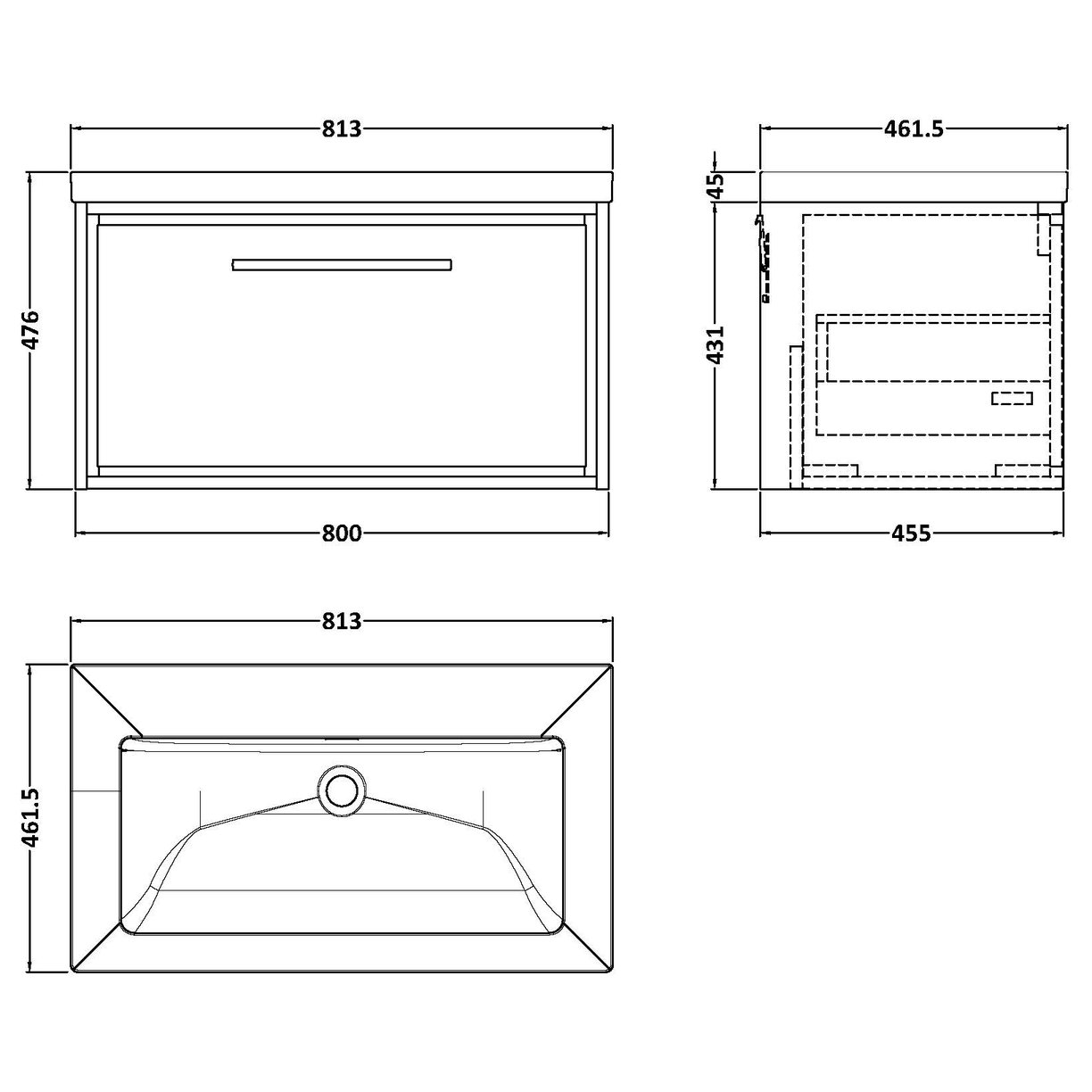 800 WH 1-Drawer Unit Contemp Basin 0TH - Pebble Grey