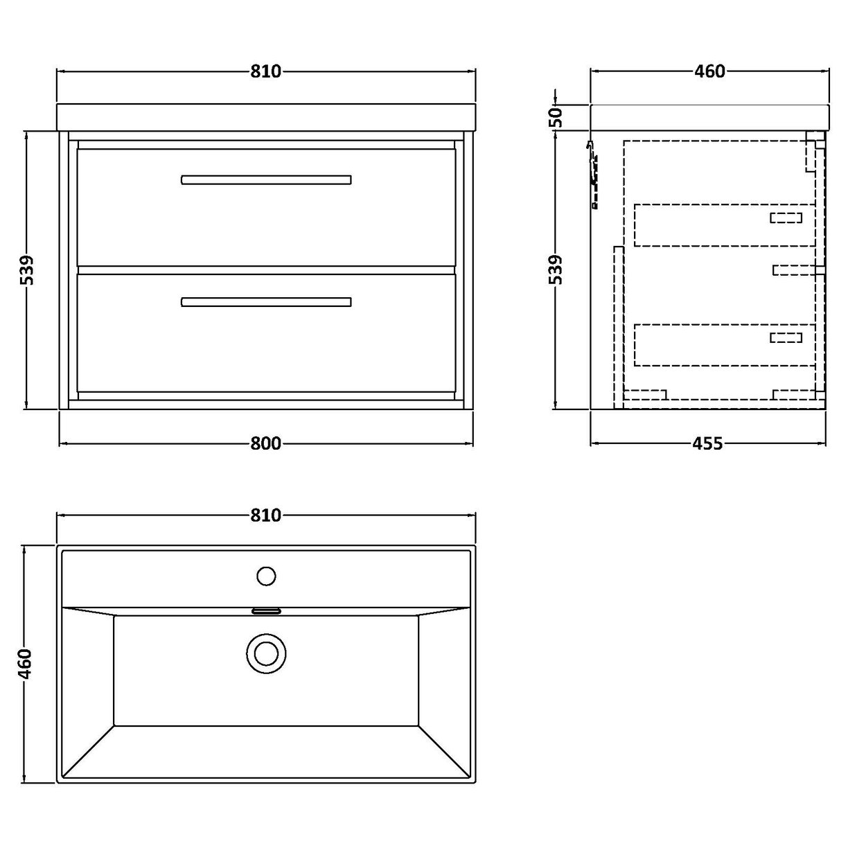 800 WH 2-Drawer Unit Thin Edge Basin 1TH - Pebble Grey