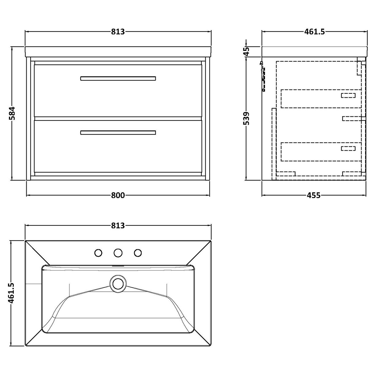 800 WH 2-Drawer Unit Contemp Basin 3TH - Pebble Grey