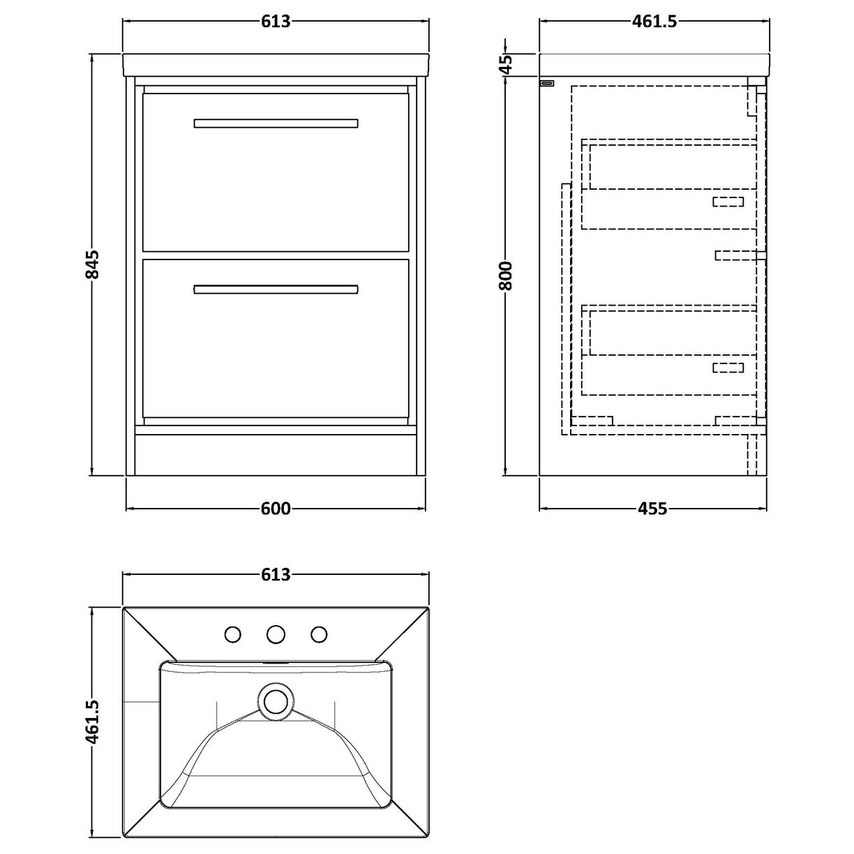 600 FS 2-Drawer Unit Contemp Basin 3TH - Pebble Grey