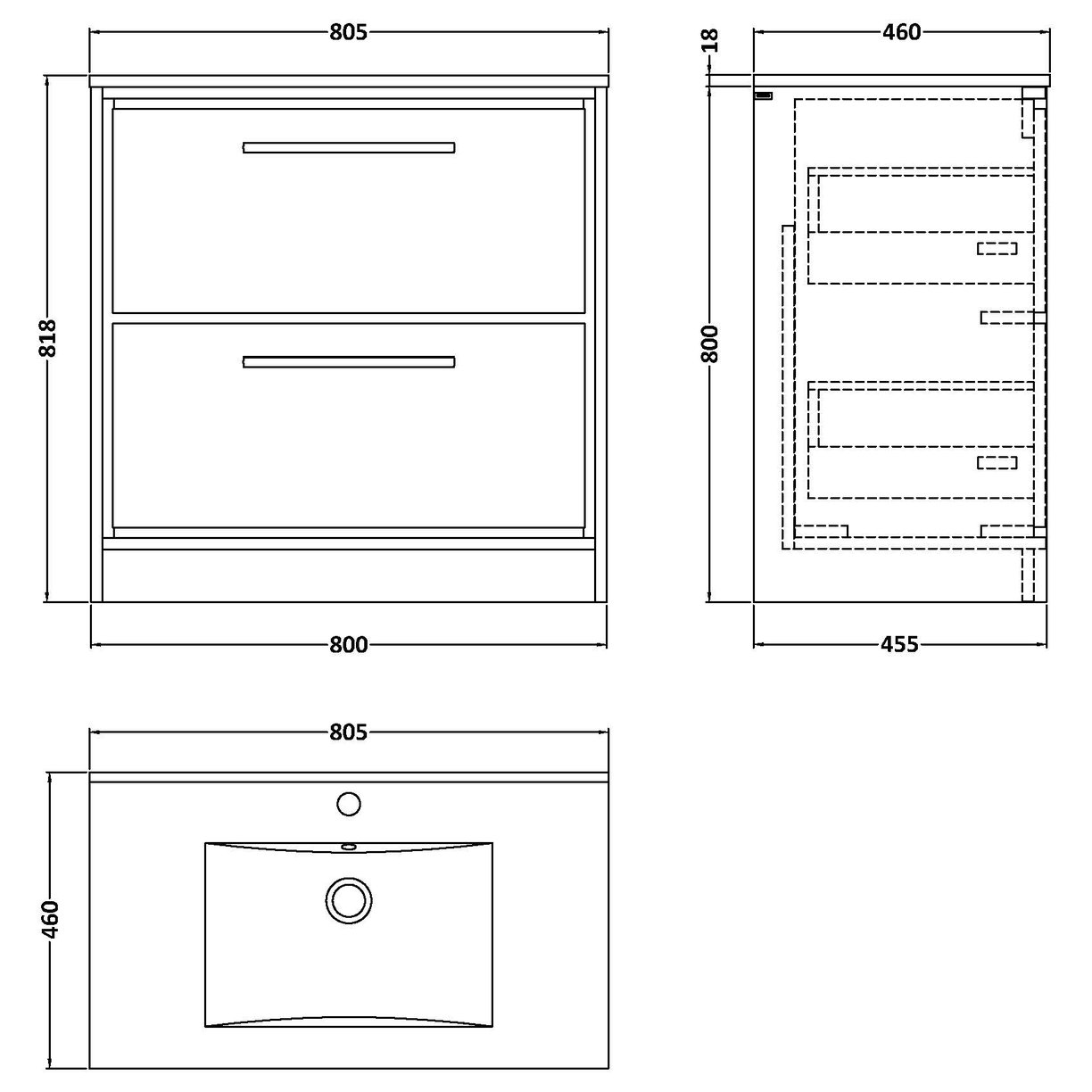 800 FS 2-Drwr Unit Minimalist Basin 1TH - Pebble Grey