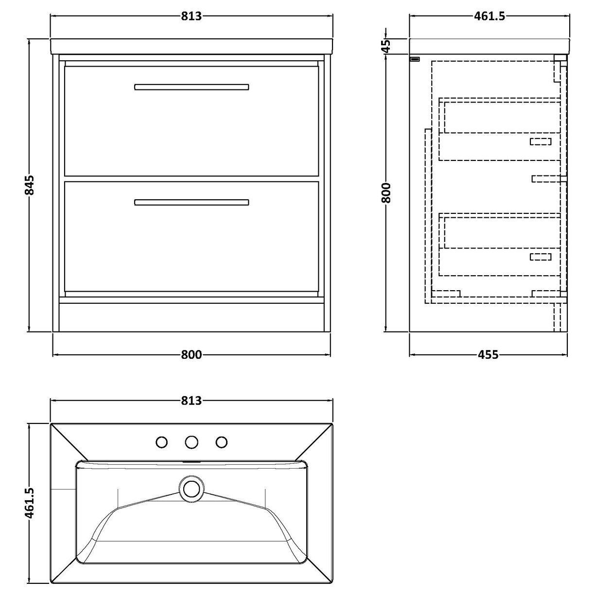 800 FS 2-Drawer Unit Contemp Basin 3TH - Pebble Grey