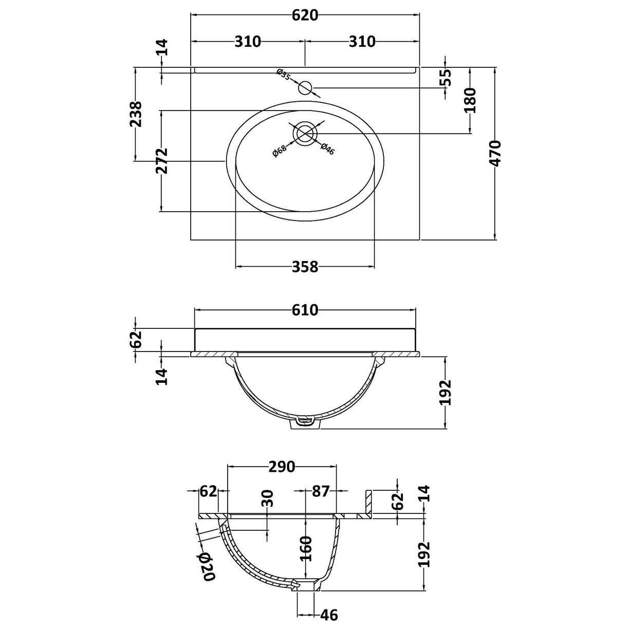 600 Single Bowl Marble Top 1Th - White