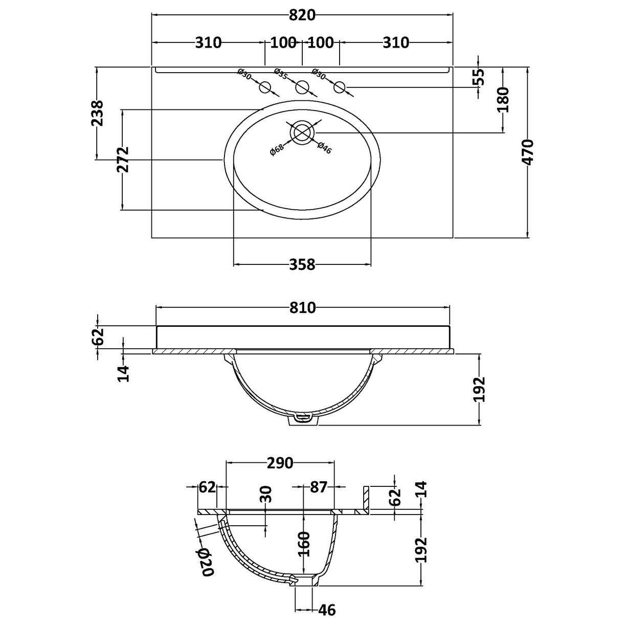 800 Single Bowl Marble Top 3Th - White