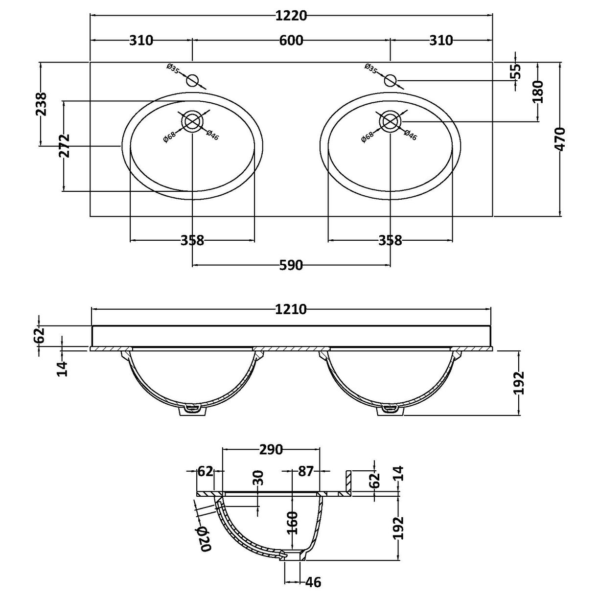 1200 Double Bowl Marble Top 1Th - White