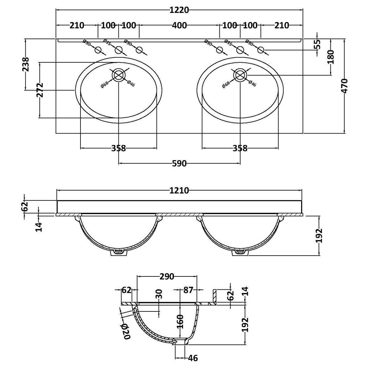 1200 Double Bowl Marble Top 3TH - Black