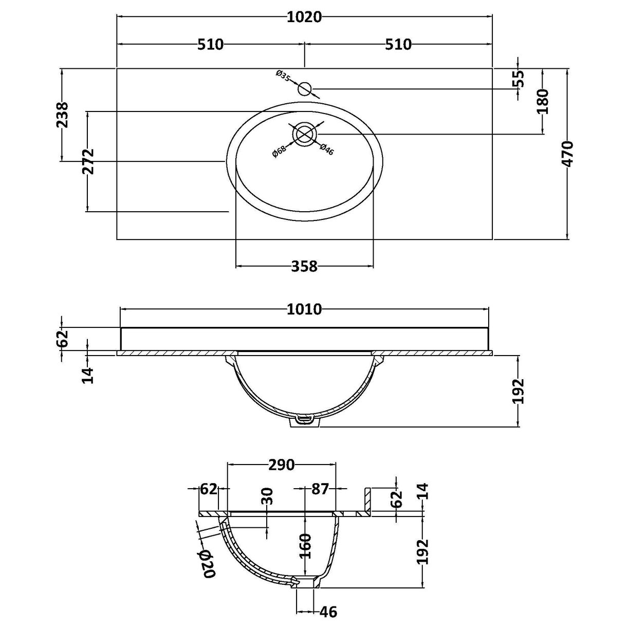 1000 Rectangle Marble Top/Basin 1Th - White
