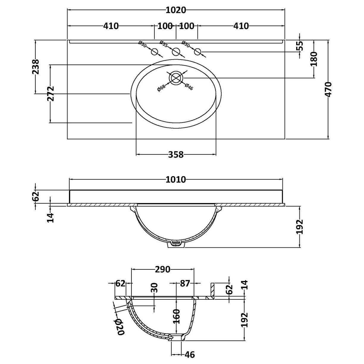 1000 Rectangle Marble Top/Basin 3TH - Black