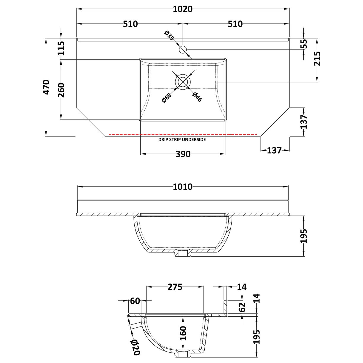 1000 Single Bowl Angled Marble Top 1TH - Black
