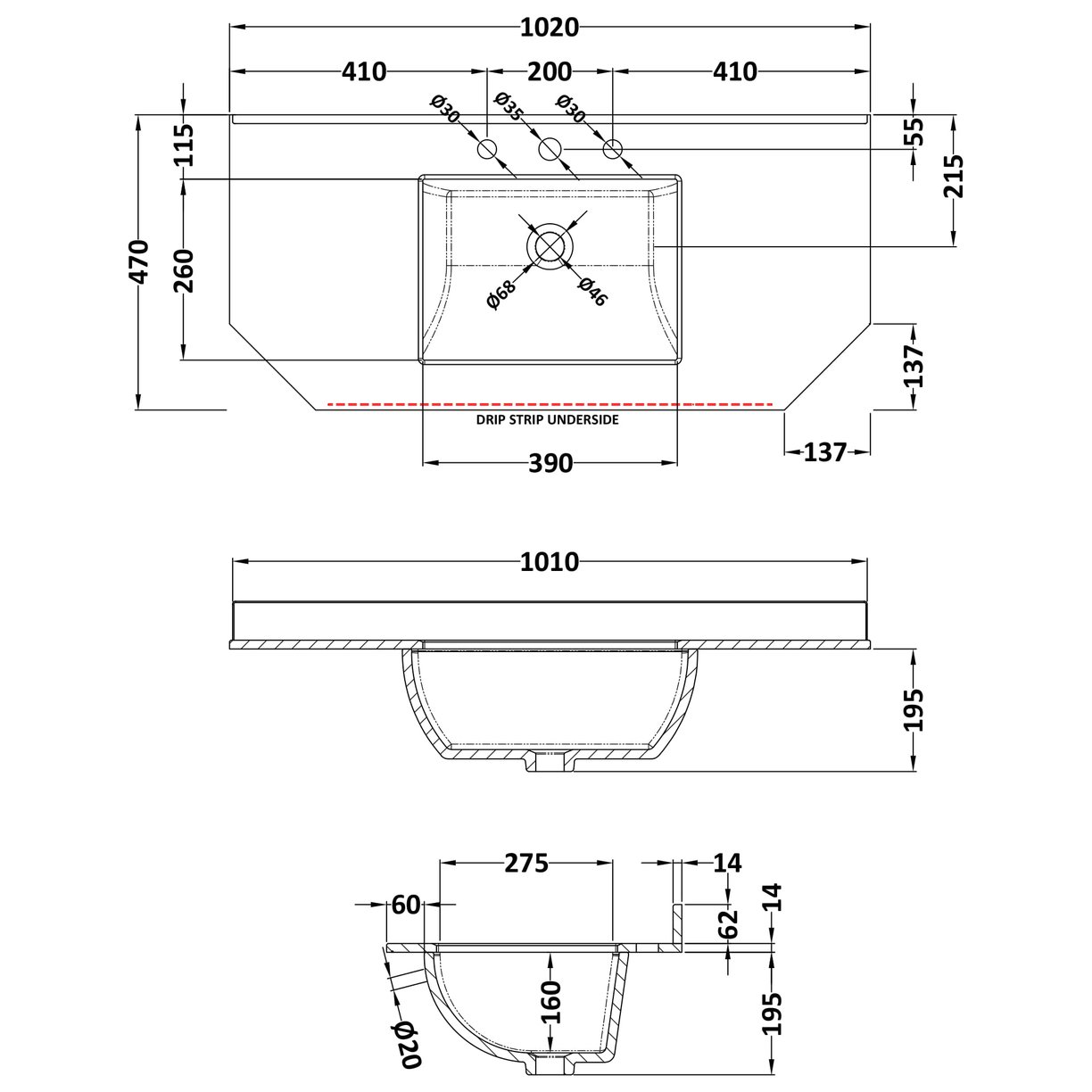 1000 Single Bowl Angled Marble Top 3Th - Grey