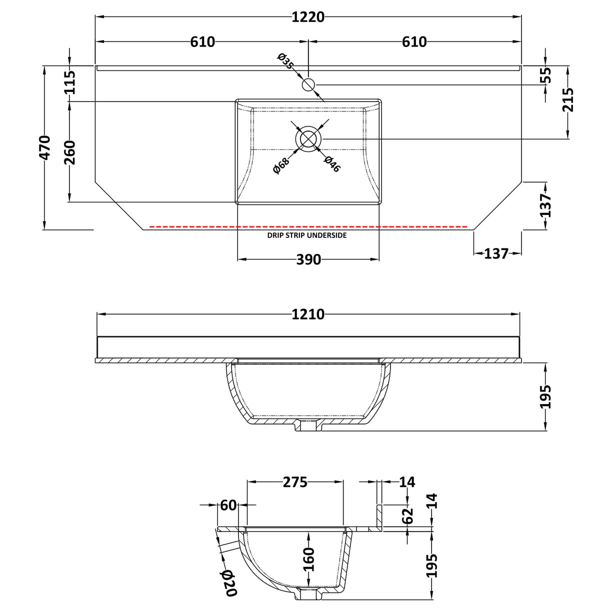 1200 Single Bowl Angled Marble Top 1TH - Black