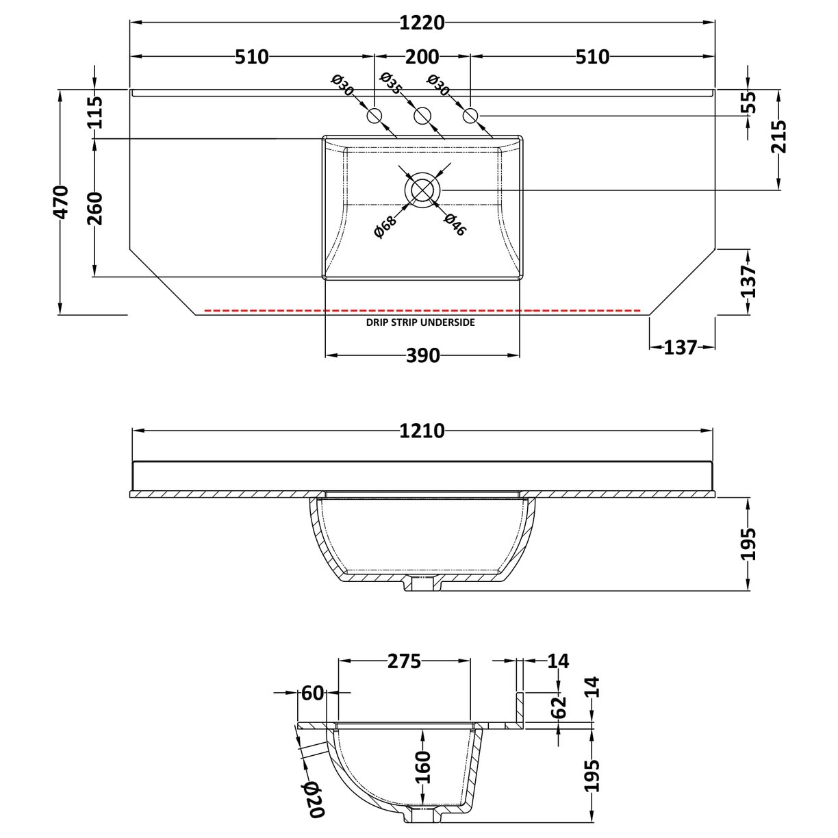 1200 Single Bowl Angled Marble Top 3Th - Grey
