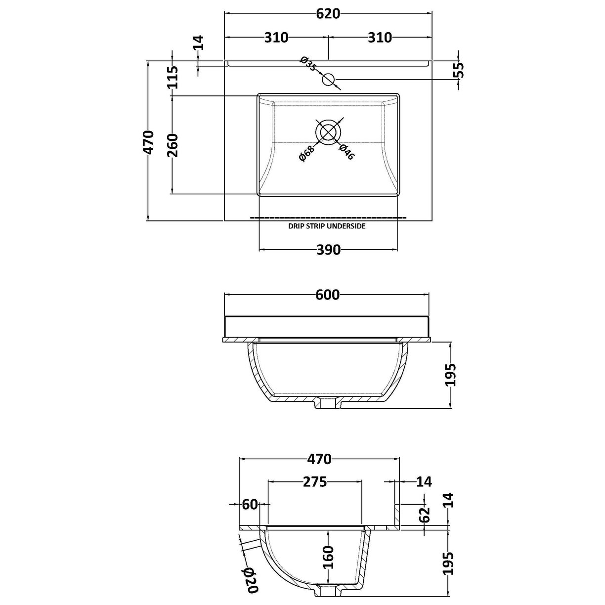600mm Square Single Bowl Marble Top 1TH - White