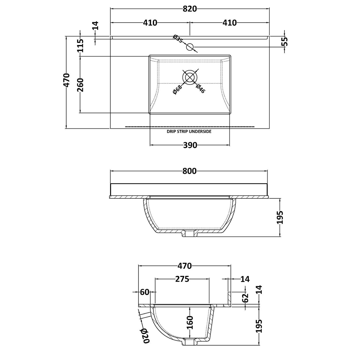 800mm Square Single Bowl Marble Top 1TH - White