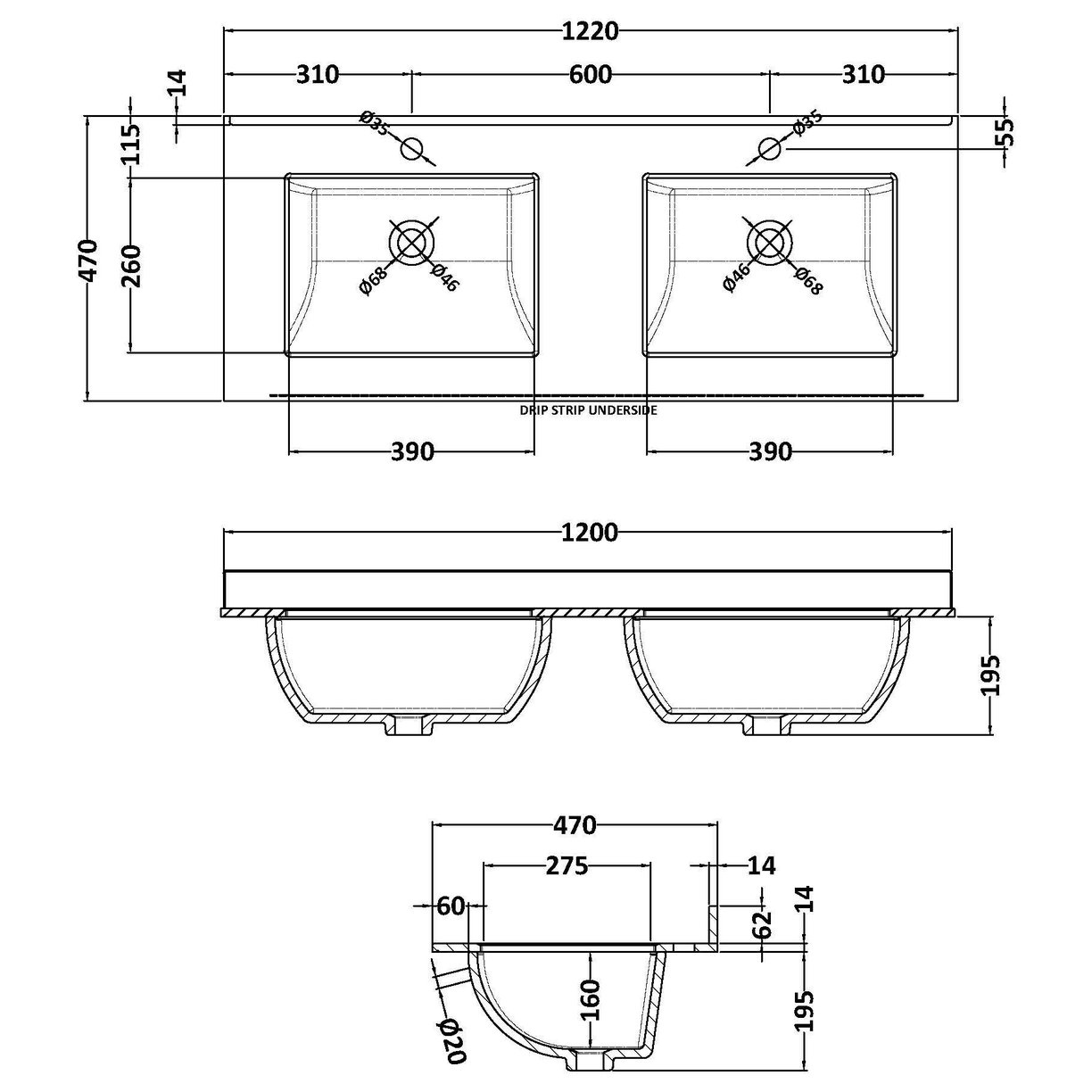 1200mm Square Double Marble Top 1TH - White