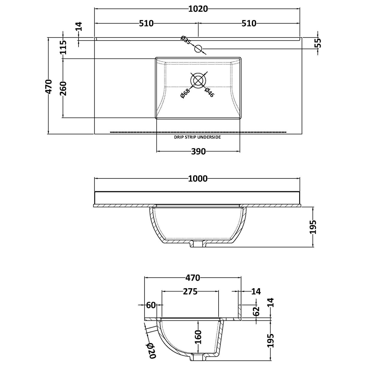 1000 Single Bowl Marble Top - 1Th - White