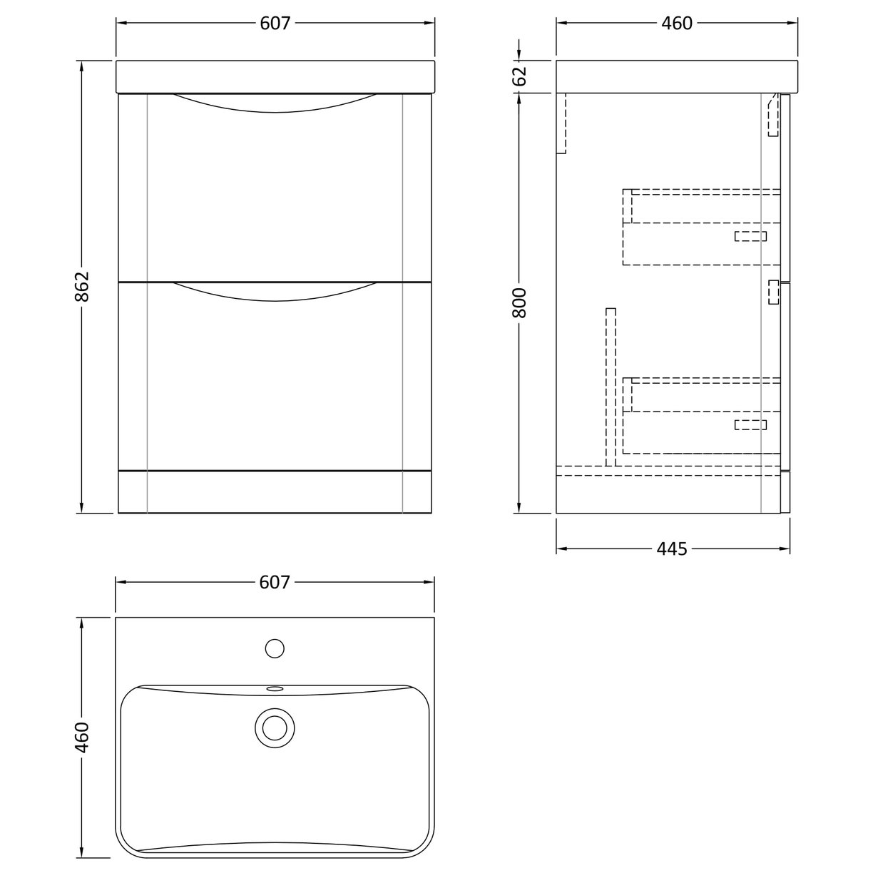 600mm Floor Standing 2 Drawer Vanity & Thin Edge Ceramic Basin