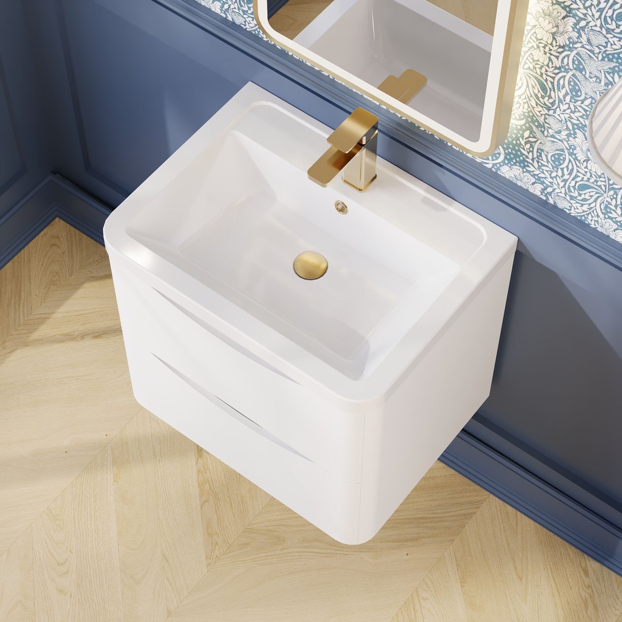 600mm W/H 2-Drawer Unit & Ceramic Basin - Satin White