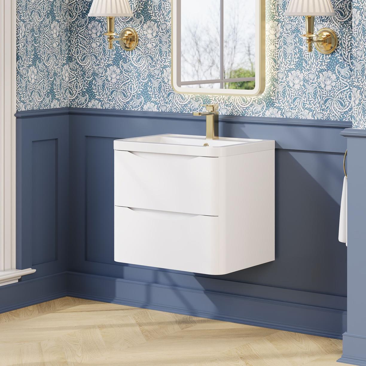 600mm W/H 2-Drawer Unit & Ceramic Basin - Satin White