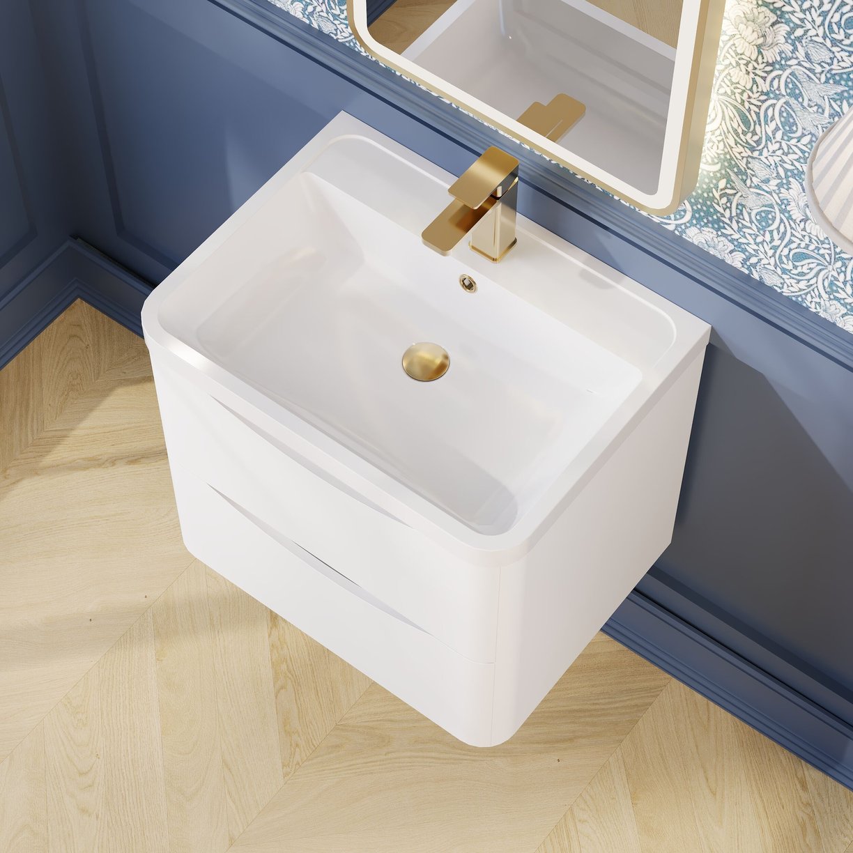 600mm W/H 2-Drawer Unit & Polymarble Basin - Satin White