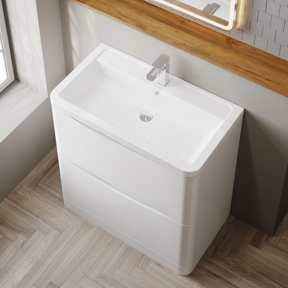 800mm F/S 2-Drawer Unit & Ceramic Basin - Satin White