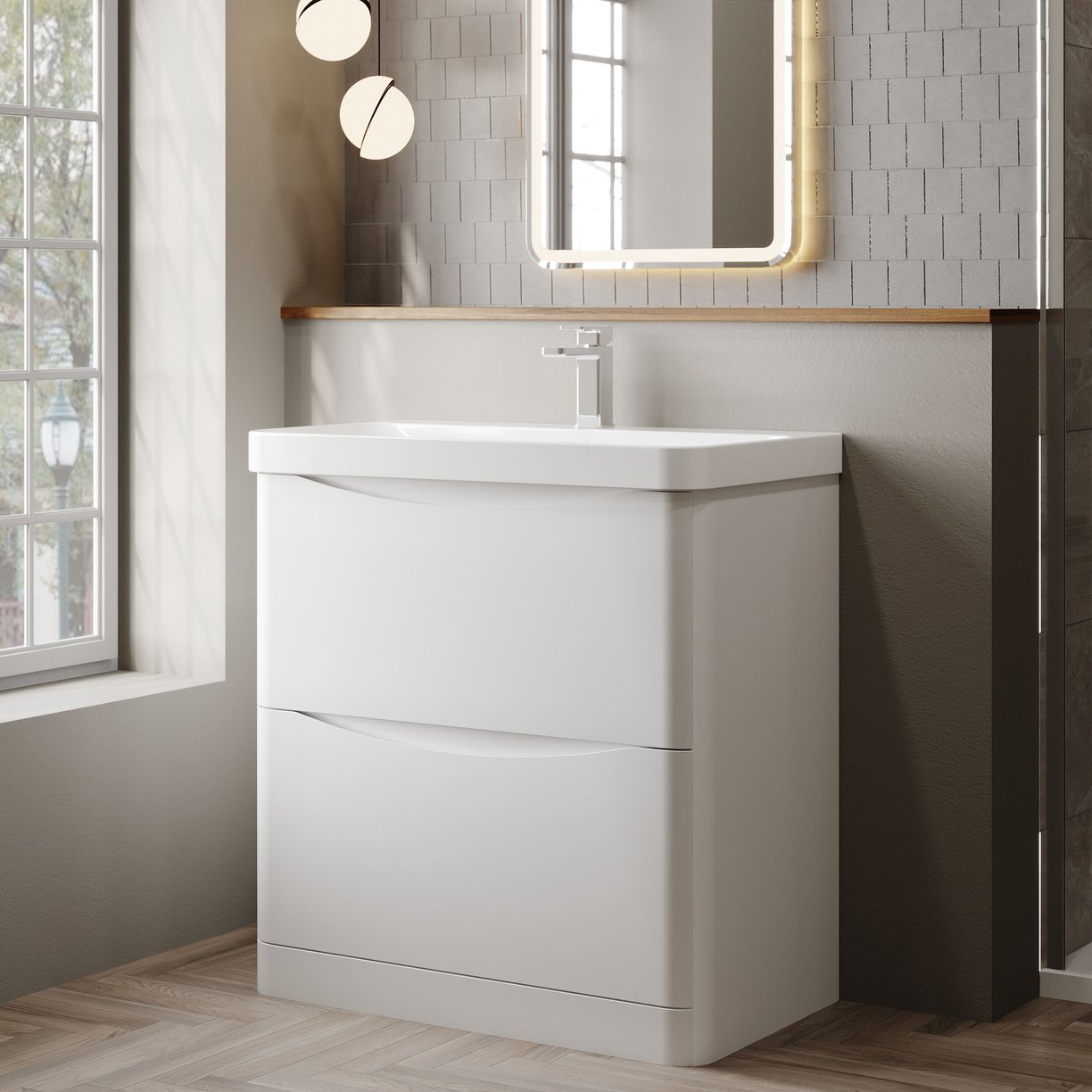 800mm Floor Standing 2 Drawer Vanity & Thin Edge Ceramic Basin