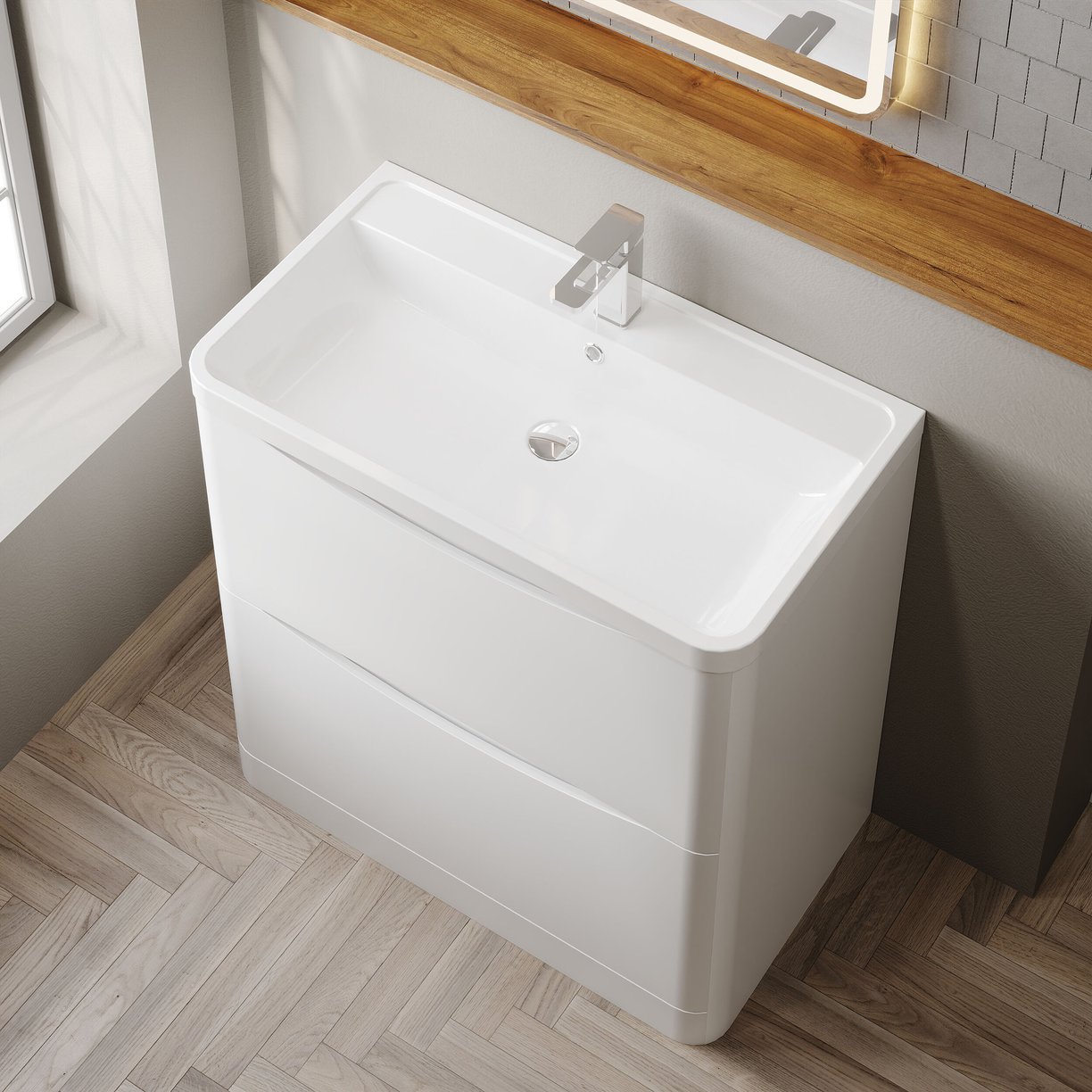 800mm F/S 2-Drawer Unit & Polymarble Basin - Satin White