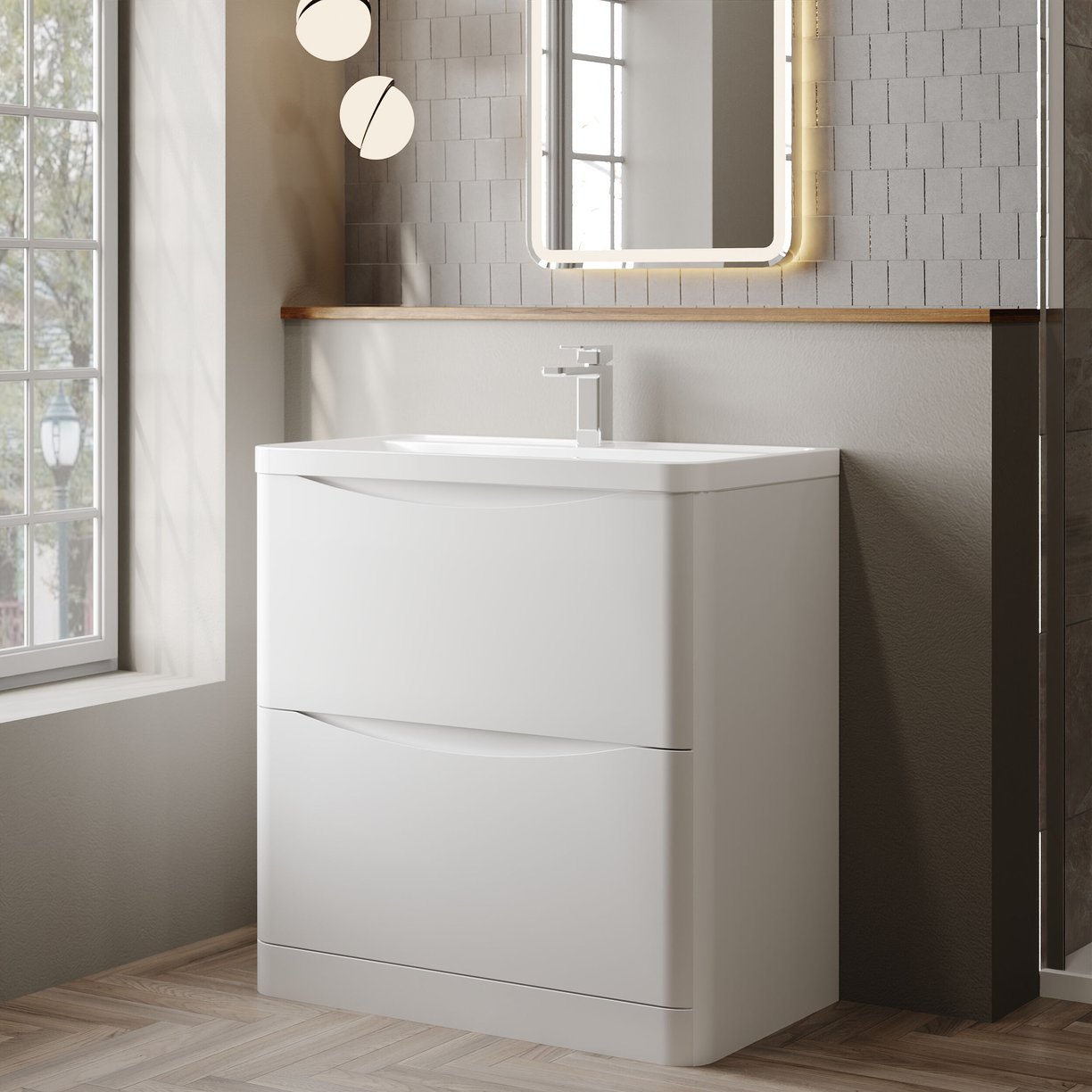 800mm F/S 2-Drawer Unit & Polymarble Basin - Satin White