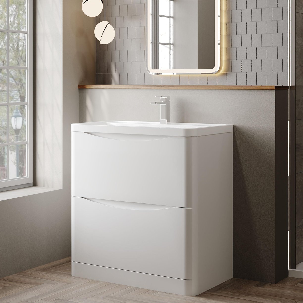 800mm F/S 2-Drawer Unit & Polymarble Basin - Satin White