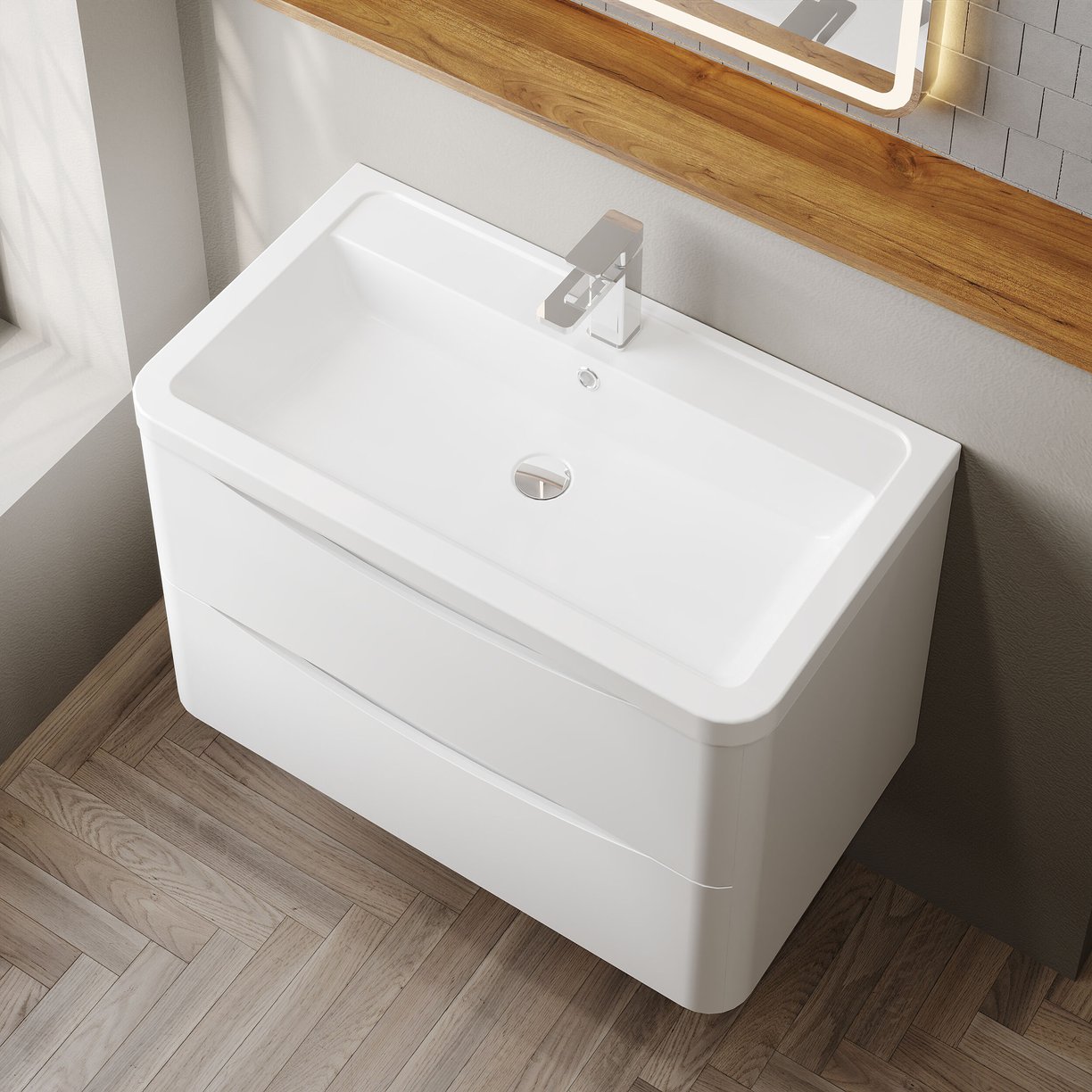 800mm W/H 2-Drawer Unit & Ceramic Basin - Satin White