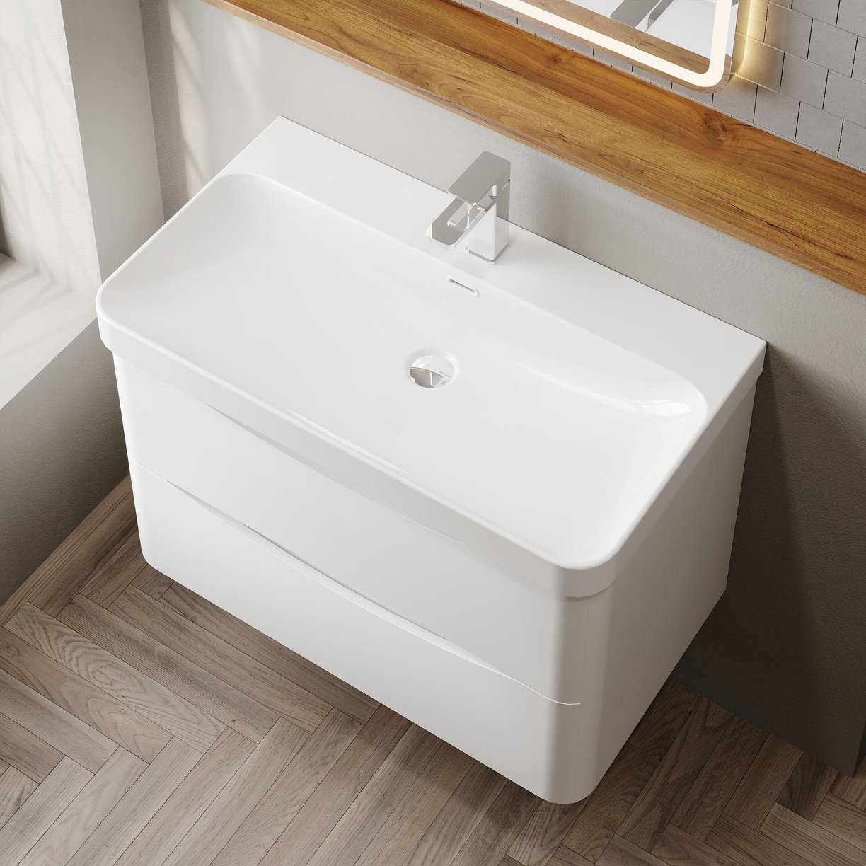800mm Wall Hung 2 Drawer Vanity & Thin Edge Ceramic Basin
