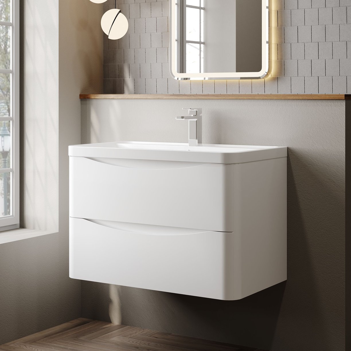 800mm W/H 2-Drawer Unit & Polymarble Basin - Satin White