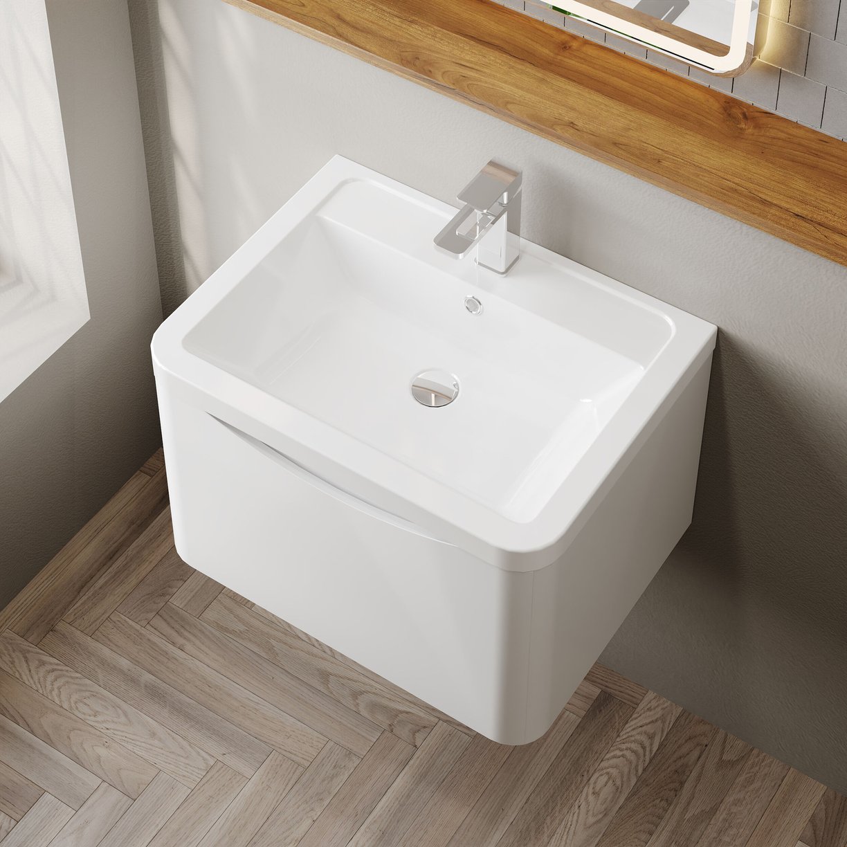 600mm W/H 1-Drawer Unit & Ceramic Basin - Satin White