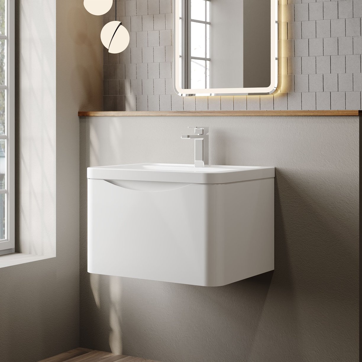 600mm W/H 1-Drawer Unit & Ceramic Basin - Satin White