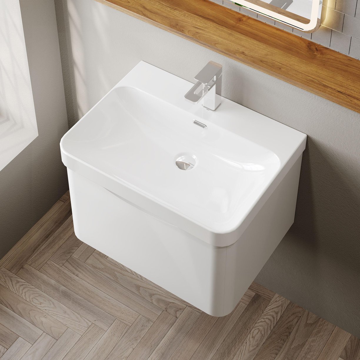 600mm Wall Hung 1 Drawer Vanity & Thin Edge Ceramic Basin