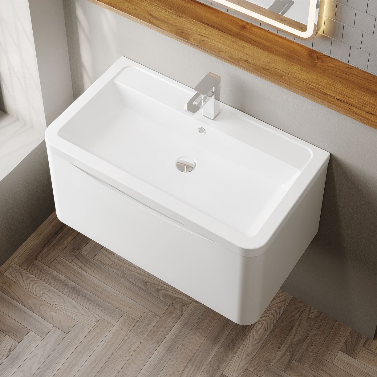 800mm W/H 1-Drawer Unit & Ceramic Basin - Satin White