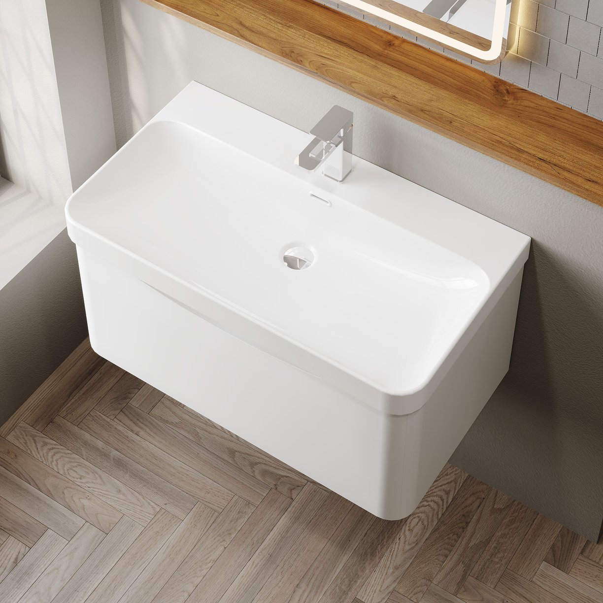 800mm Wall Hung 1 Drawer Vanity & Thin Edge Ceramic Basin