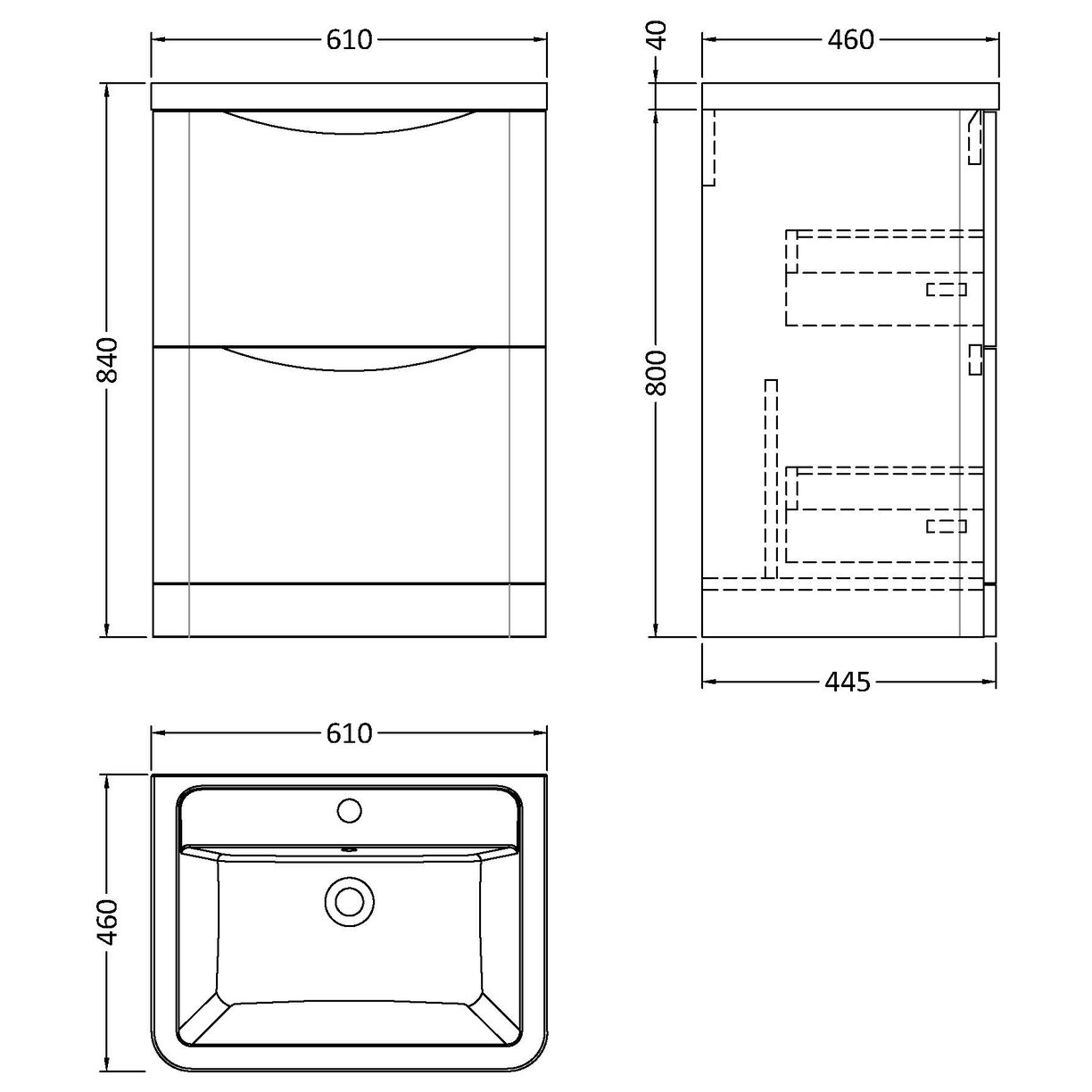 600 F/S 2-Drawer Unit & Ceramic Basin